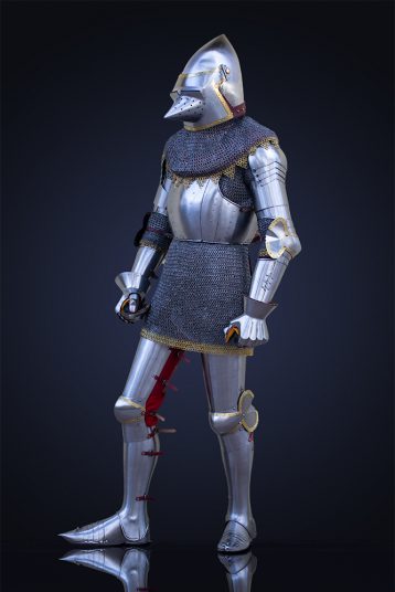 Armure intégrale sur fond en dégradé sombre.